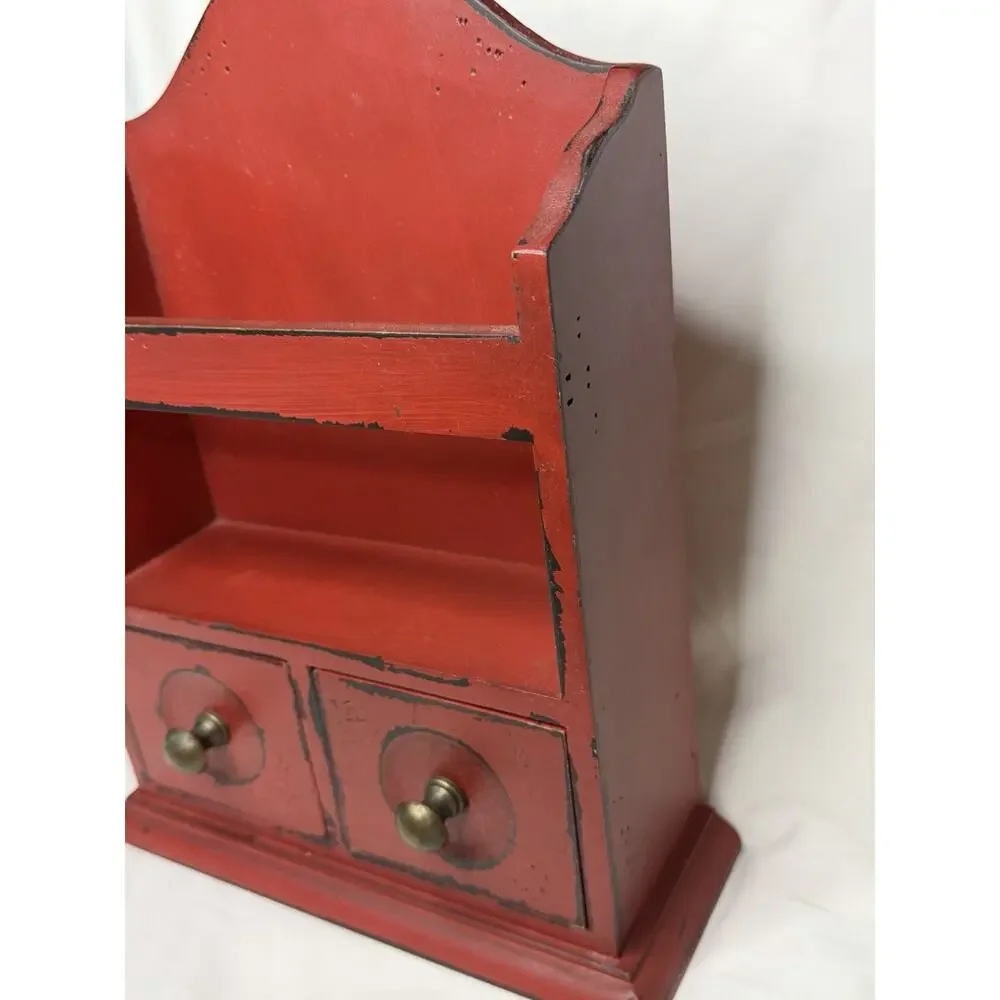 Vintage Red Wall Hanging Wooden Double Drawer Mini Cabinet Shelf Farmhouse Decor